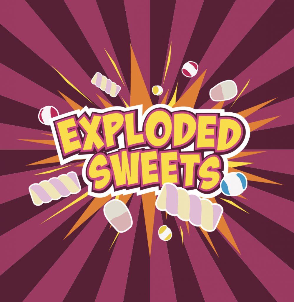 Logo design for Exploded sweets. Chunky, colourful , comic words with freeze dried sweets exploding out