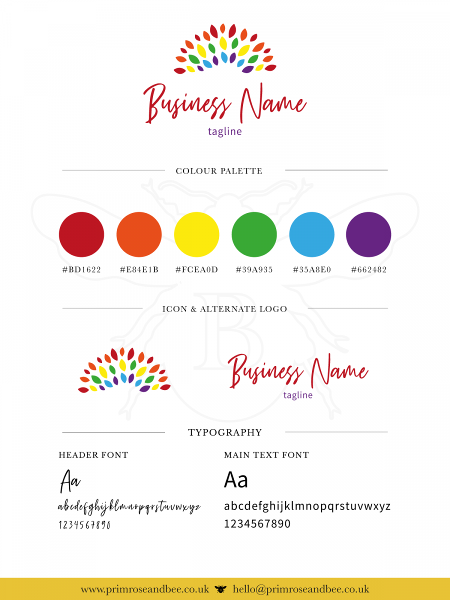 Pre-designed brand guide for rainbow nursery, childminder logo