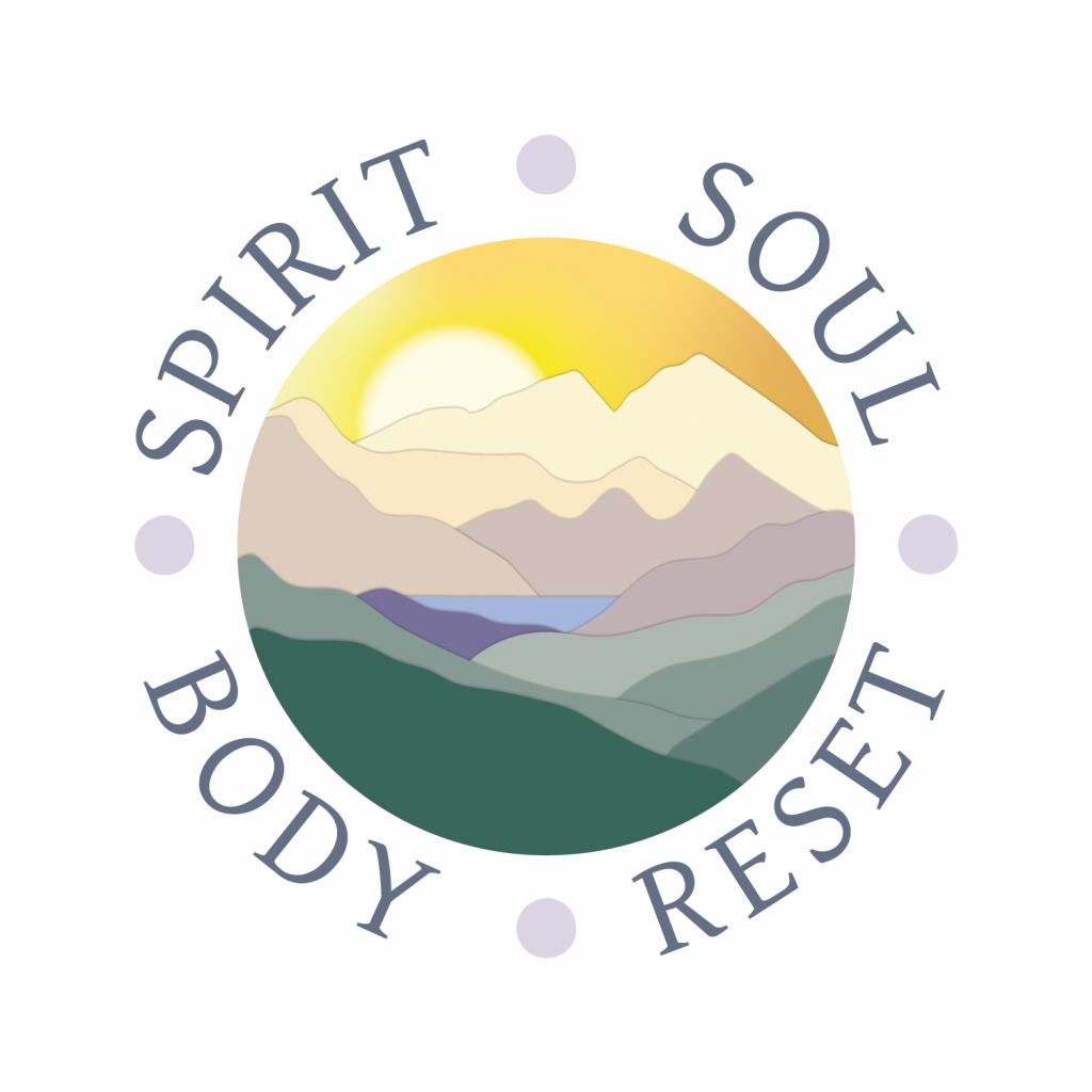 Spirit Soul Body Reset Logo design mountains and sunset colours circular