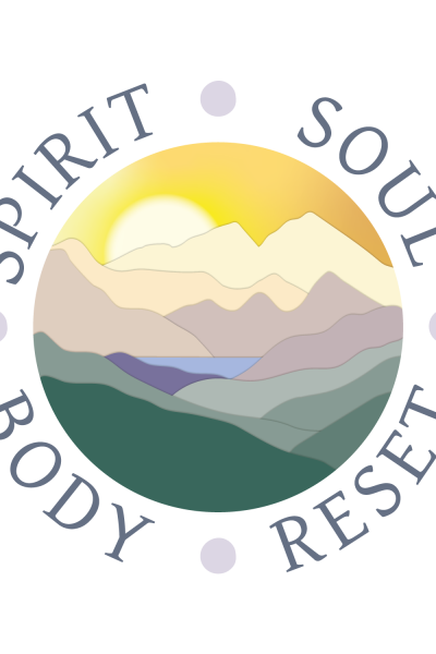 Spirit Soul Body Reset Logo design mountains and sunset colours circular