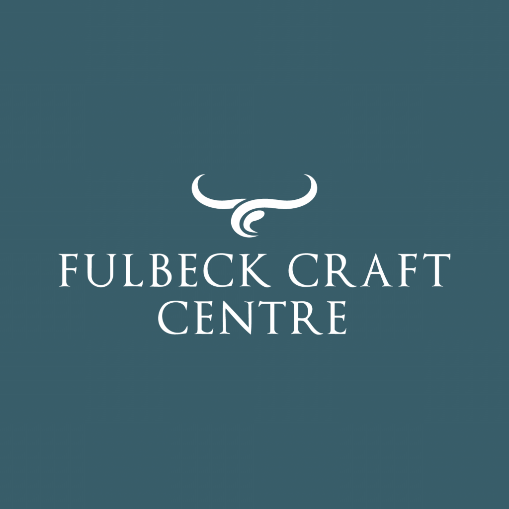 Fulbeck Craft Centre Logo and Branding Design, white logo on dolphin blue background