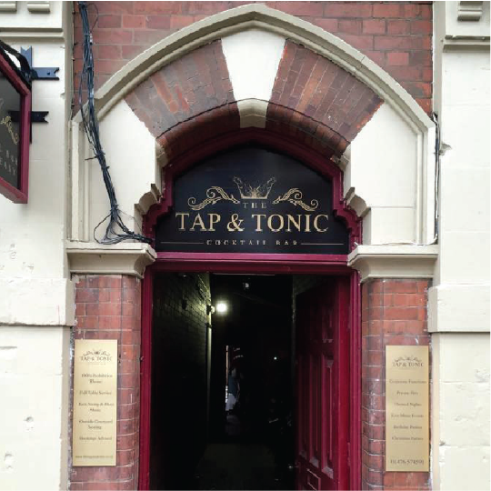 Tap and Tonic Speakeasy bar in Grantham - Logo design signage above door