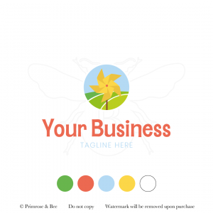 Pre-designed logo featuring sunshine coloured windmill and rolling green hills